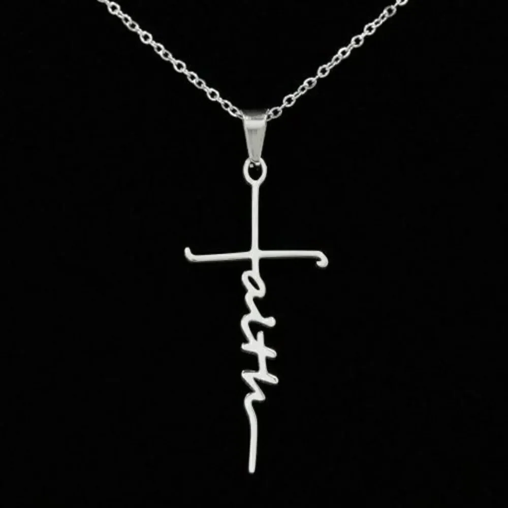 SILVER STAINLESS STEEL FAITH CROSS INSPIRATIONAL NECKLACE